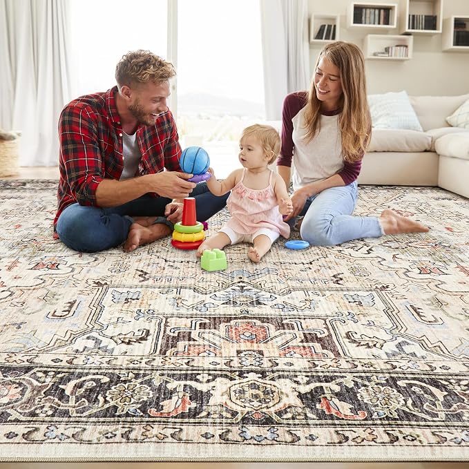 Area Rug 5x7 for Living Room - Washable Oriental Vintage Floral Distressed Large Indoor Carpets with Non Slip Back for Bedroom Dining Room Nursery Office Home Decor -Multi