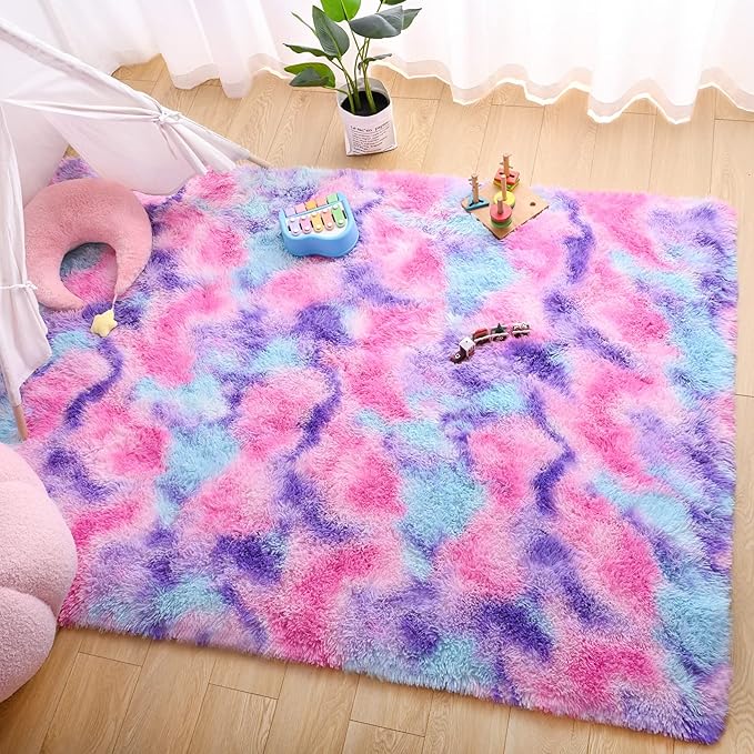 AROGAN Soft Rainbow Area Rugs for Girls Room 3x5 Feet, Fluffy Cute Colorful Princess Carpet for Kids Teens Nursery Toddler,Bedroom Hot Pink