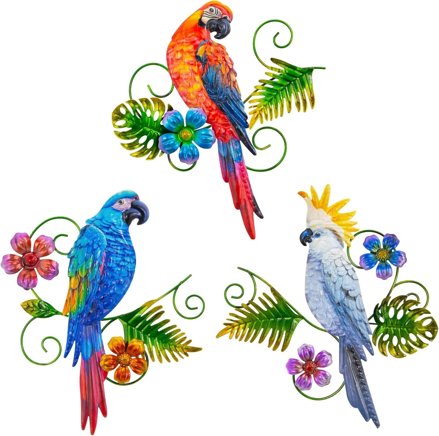 J-Fly Metal Parrots Wall Decor Outdoor Decorations for Yard Garden Decor, Metal Wall Art Decor, Patio Decorations Outdoor Bird Wall Decor-12 Inches Parrot Large Hanging Wall Decor 3 Pack