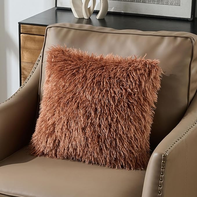 FUTEI Pack of 2 Shaggy Mongolian Faux Wool Throw Pillow Covers 18x18 Inch Soft Decorative Cushion Case for Couch Bed Living Room, Rust