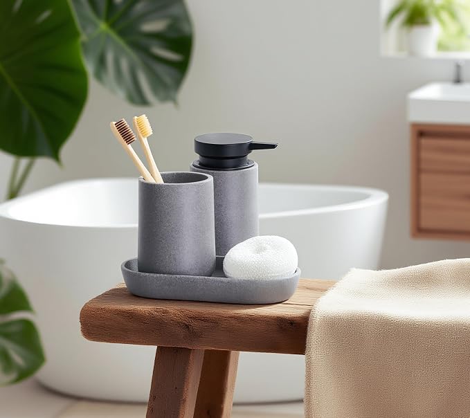 Clasin Home 3 Pcs Bathroom Accessories Set, Liquid Soap Dispenser with Large Pump, Toothbrush Holder Cup and Soap Dish, Sandstone Texture Bathroom Counter Set for Modern Home (Gray)