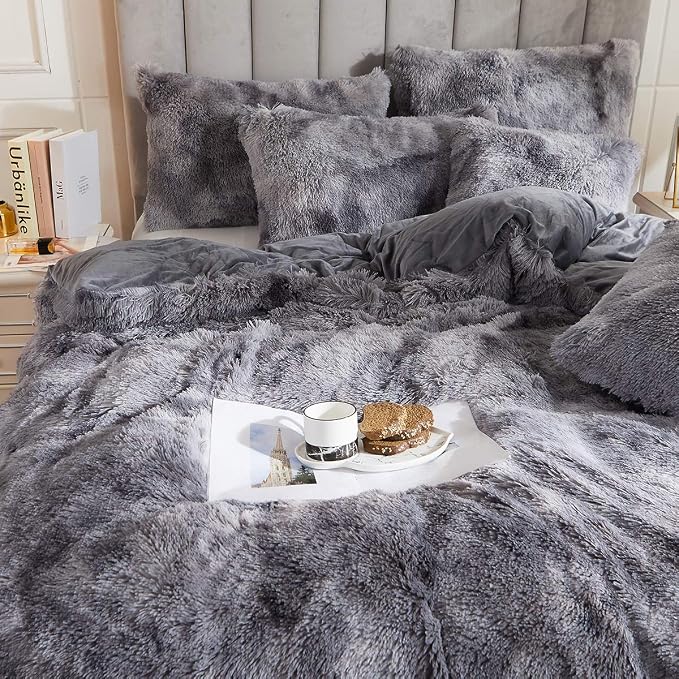 Tie Dye Printed Faux Fur Bedding Set Modern Abstract Shaggy Plush Duvet Cover with Pillow Sham, Ultra Soft Warm (Twin, Tie Dye Gray)