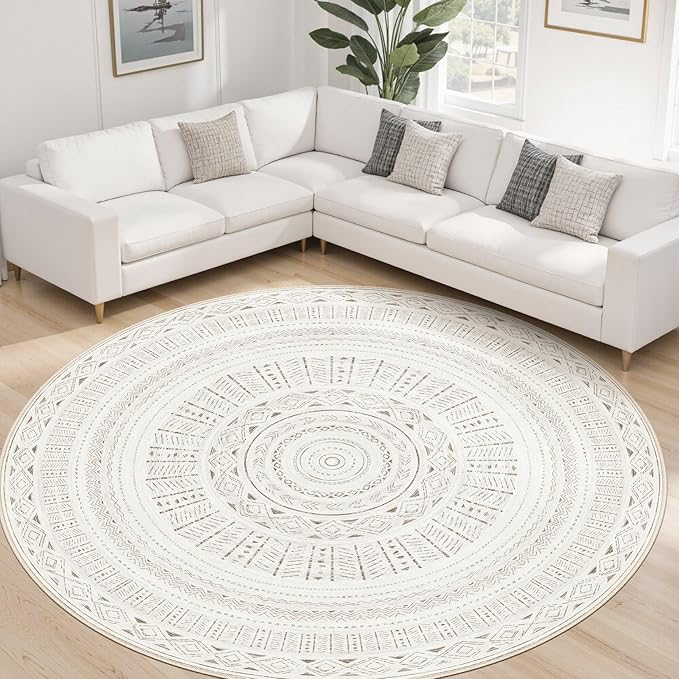 cotiled 8x8 Round Area Rug Living Room: Washable Boho Rugs with Non Slip Backing Large Soft Indoor Stain Resistant Carpet for Bedroom Farmhouse Dining Room Lightweight Home Decor L Brown/Cream