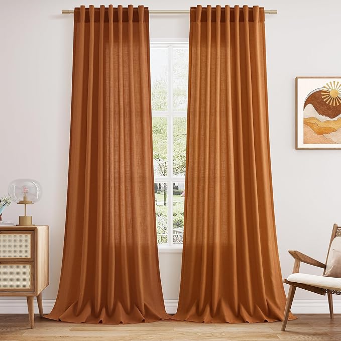 Desert Orange Linen Textured Curtains 96 Inch 2 Panels for Bedroom Back Tab Rod Pocket Sheer Light Filtering Boho Room Decor Aesthetic Burlap Look Curtain Drapes 8Ft 52x96