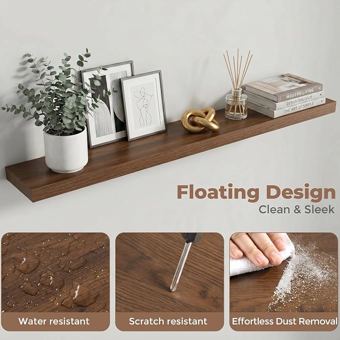 Venusmiles Floating Shelves for Wall, 48 Inch Floating Shelves Set of 2, 6.5" D Wooden Wall Mounted Display Shelves with Invisible Brackets for Living Room, Bedroom, Bathroom, Kitchen Decor, Walnut