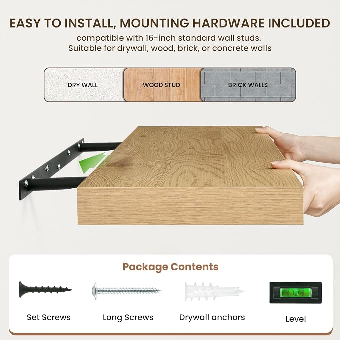 FLYJOE 20 Inch Floating Shelves, 12 Inch Deep Floating Shelves Set of 2, 20''W x 12''D Oak Shelves for Wall, Bathroom Available, Engineered Wood, Mounting Hardware Included
