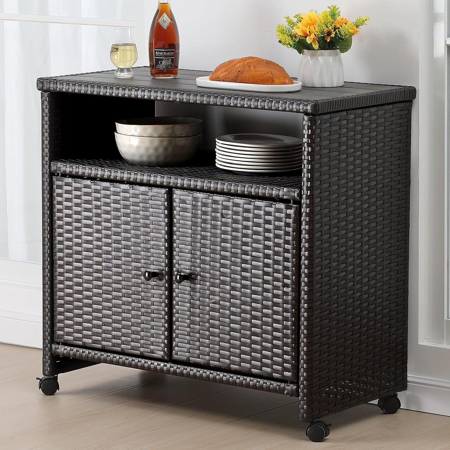 Outdoor Wicker Storage Cabinet - Patio Bar Table with Wheel,Outdoor Buffet Cabinet Movable,Garden Weather-Proof Bar Table/Cart for Indoor&Outdoor (Dark Brown)