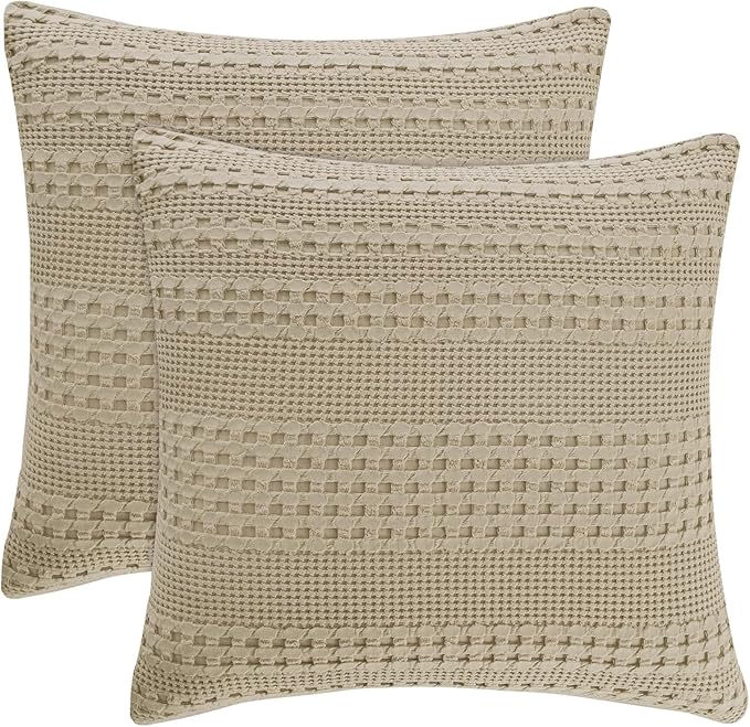 PHF Waffle Weave Euro Pillow Shams, 2 Pack 100% Cotton Pillow Covers 26x26 Inches for Decor, No Insert, Luxury Aesthetic Euro Pillow Cases for Bedroom Decor, Khaki