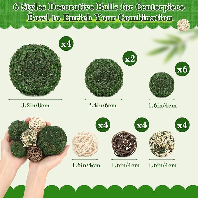 Lezmarket 24 Pcs Decorative Moss Balls for Centerpiece Bowls - Assorted Sizes Fake Moss Balls+Wicker Rattan Balls+Flower Balls, Artificial Greenery Vase Fillers for Home Garden Farmhouse Rustic Decor