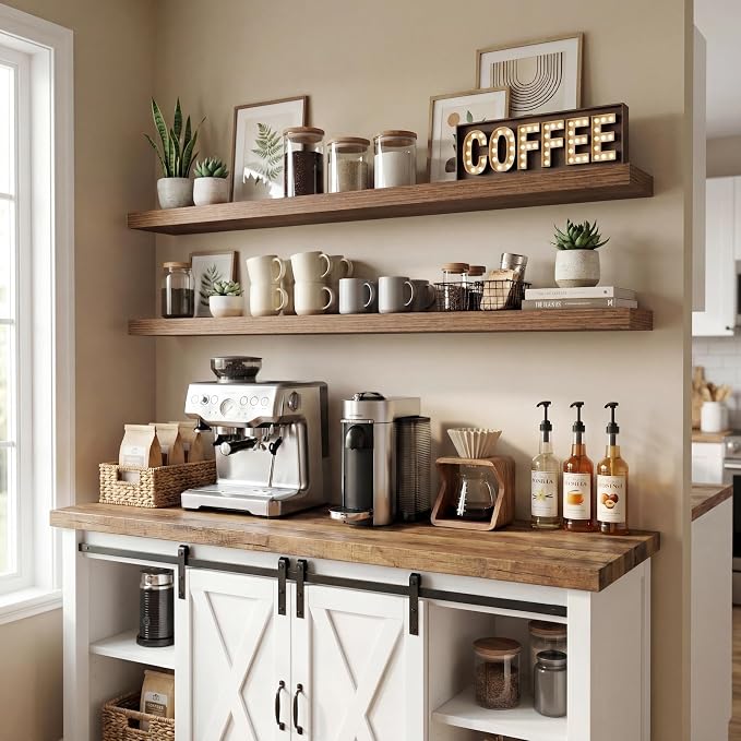 55 inch Floating Shelves for Wall, 9.3in Deep Walnut Shelves Wall Mounted Floating Shelf, Extra Long Wall Shelf for Living Room, Kitchen, Office, Floating TV Stand, 2 Packs