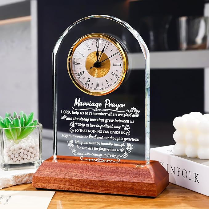 Glass Clock Wedding Gifts for Couples 2026 with Wooden Light Base, Happy Anniversary Marriage Prayer Gift with Inspiring Quotes, Unique Newlywed Mr and Mrs Gifts, Engagement Presents for Home