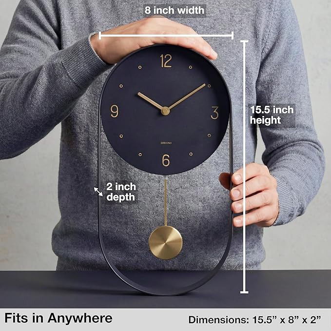 Driini Modern Pendulum Wall Clock - Black and Gold Decorative Wall Clock with Pendulum - Modern Minimalist Metal Wall Clock for Living Room Décor - Silent Battery Operated Wall Clock