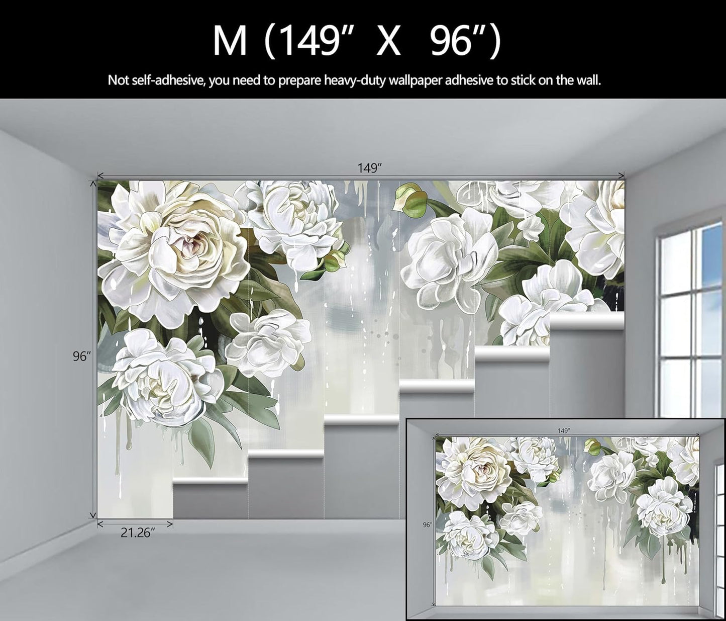 Vintage Floral Wallpaper Bedroom Hand-Painted White Peonies Flowers Wall Mural Children's Room (Not Peel and Stick)