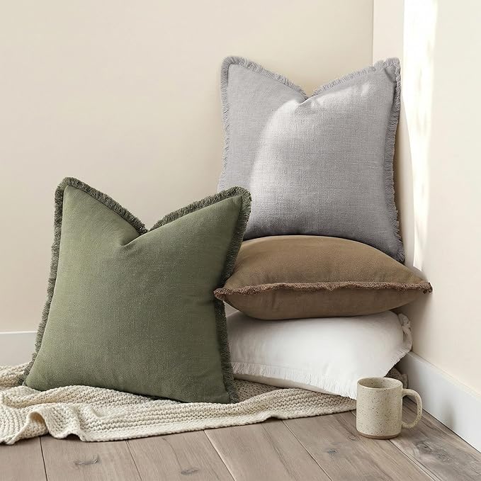 decorUhome Summer Decorative Neutral Linen Fringe Euro Sham Throw Pillow Covers Set of 2 Light Grey Pillow Covers with Tassels Soft Farmhouse Boho Accent Pillow Cases for Couch Bed Sofa 26x26 Inch