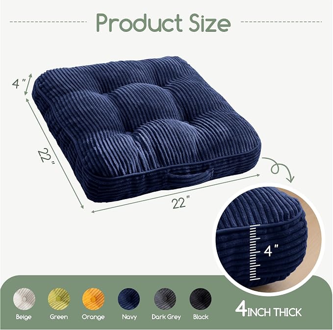 HIGOGOGO Floor Pillow Cushion for Adults, Meditation Cushion Pillow, Large Square Floor Sitting, Tufted Corduroy Cover, for Tatami Living Room or Yoga, 22x22 Inch, Navy