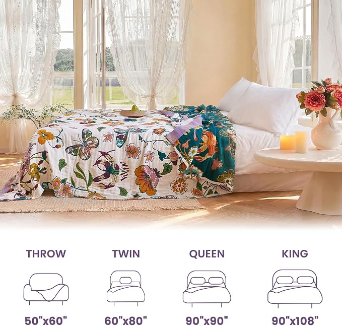 MSGKV Boho Throw Blanket 50"x60" Floral Blanket for Couch Sofa 100% Cotton Summer Breathable Lightweight Farmhouse Blankets All Seasons Home Decor Muslin