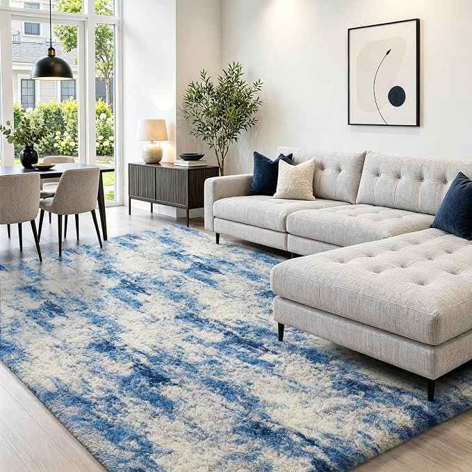 Ophanie Blue and Gray Area Rugs for Living Room 5x7,Navy Grey White Fluffy Shag Large Fuzzy Plush Soft Carpets,Floor Shaggy Rugs for Bedroom,Carpet Kids Boys Dorm Decor with Over 99 pcs Pile fibers