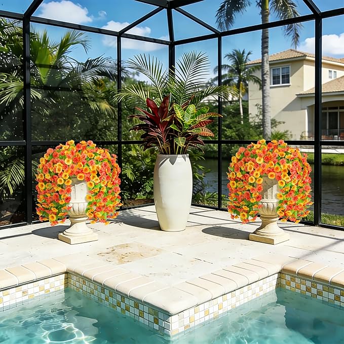 INXUGAO Artificial Fake Hanging Flowers Plants for Outdoor Decoration, 2PCS Faux Silk Morning Glory Long Vines Stems UV Resistant Look Real for Spring Summer Outside Home Porch Patio, Orange Yellow
