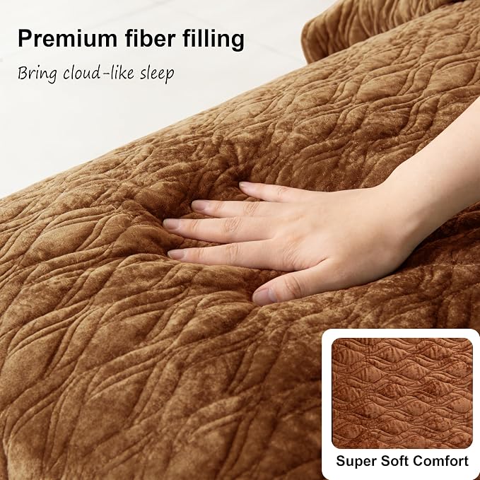 Velvet Quilt Set King Size 98x106 Quilted Bedspread with 2 Pillow Shams Ultra Soft Polyester Bedding All Season for Bedroom Guest Room Hotel Retro Pastoral Home Decor,Caramel