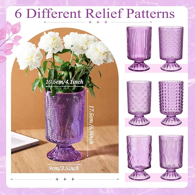 6 Pcs (H: 7" W: 4") Embossed Flower Vase Pedestal Glass Vase Big Base Thickened Crystal Vintage Vases for Wedding Party Home Decor Table Centerpiece House Warming Gifts (Purple,Classic)