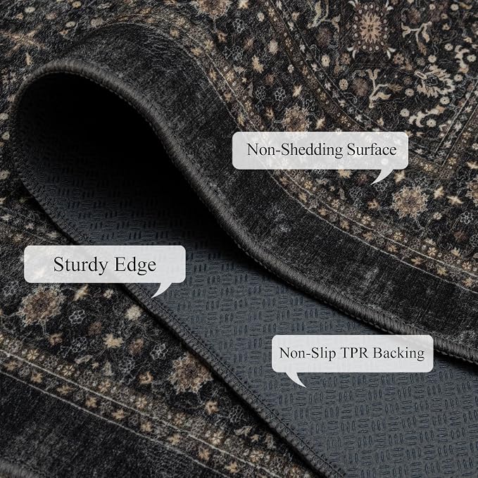Ruaruarug Washable Area Rug 5x7 for Living Room, Bedroom, Ultra Soft Non Slip Stain & Fade Resistant, Pet & Kids Friendly, Suitable for High Traffic Areas Easy to Clean for Office Kitchen, Black Gray