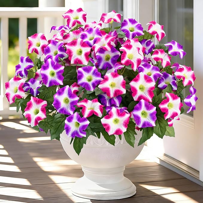MARTINE MALL Artificial Flowers for Outdoors, 4 Bundles Realistic Fake Outdoor Flowers, UV Resistant Silk Petunia Flower for Outside Look Real Faux Flower Plants for Outdoor Porch, Fuchsia, Rose Red