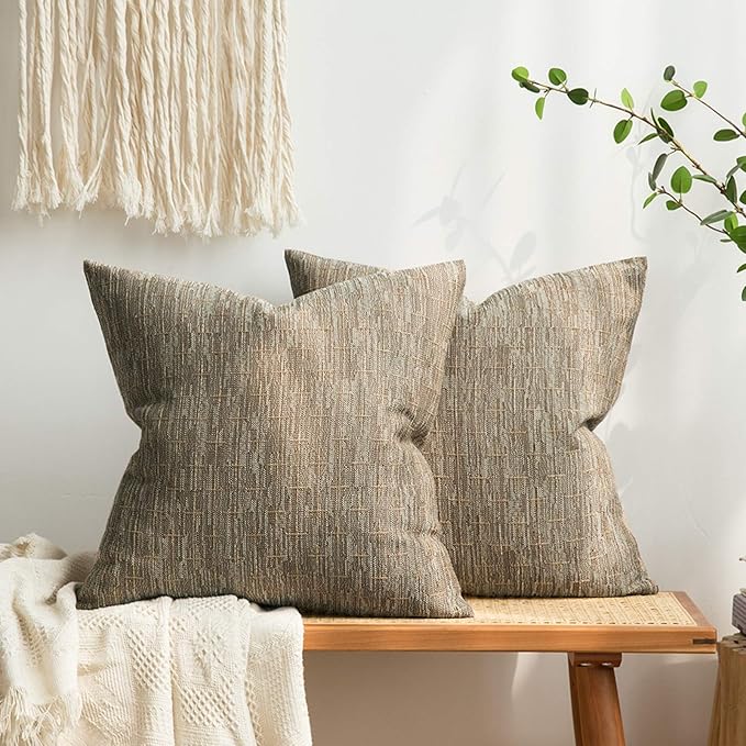 MIULEE Pack of 2 Decorative Burlap Linen Throw Pillow Covers Modern Farmhouse Pillowcase Rustic Woven Textured Cushion Cover for Sofa Couch Bed 20x20 Inch Light Brown