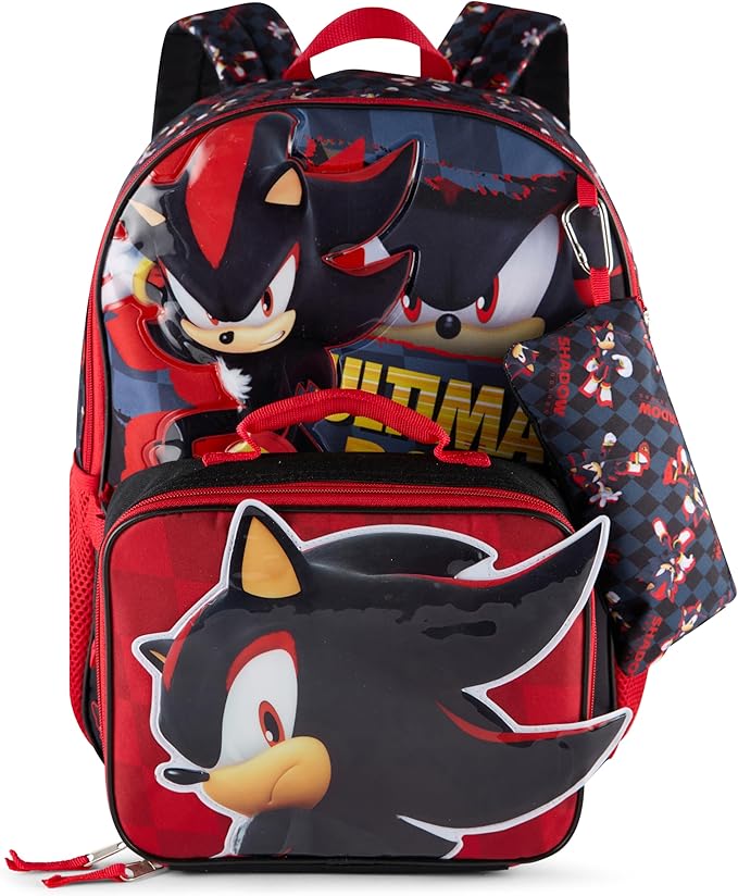AI ACCESSORY INNOVATIONS Sonic the Hedgehog 5 PC Backpack Set for Girls & Boys, 16” Book Bag Featuring Shadow The Hedgehog, Black
