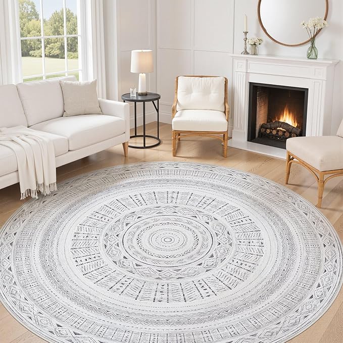 cotiled 8x8 Round Area Rug Living Room: Washable Boho Rugs with Non Slip Backing Large Soft Indoor Stain Resistant Carpet for Bedroom Farmhouse Dining Room Lightweight Home Decor Dark Grey