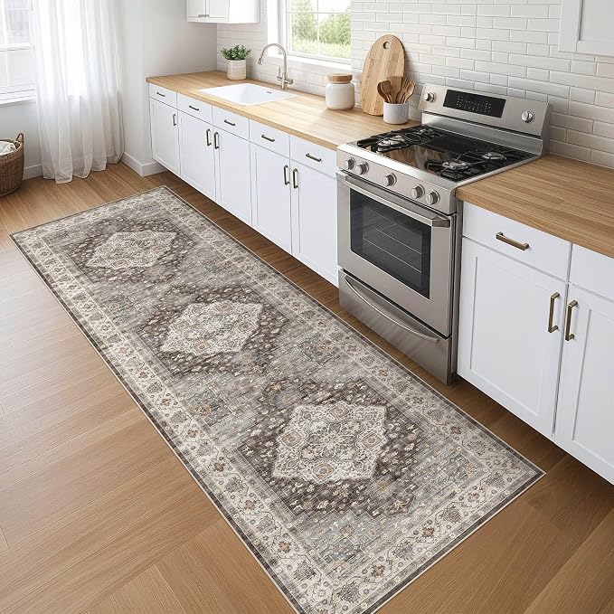 Runner Rug Kitchen Washable Rugs: 3x10 Non-Slip Boho Vintage Stain Resistant Indoor Neutral Farmhouse Throw Carpet for Hallway Bathroom Laundry Room Entryway Bedroom- Grey Brown