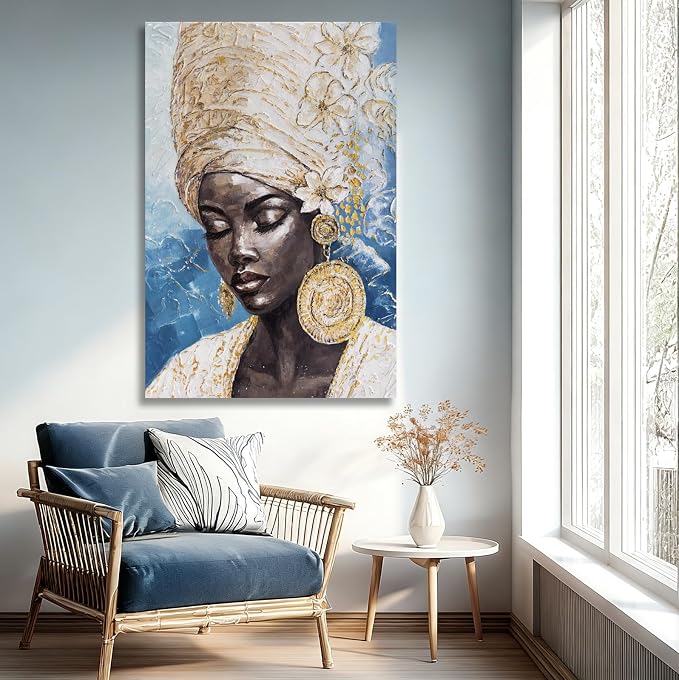 Dolidoteart Blue Gold Black Woman Wall Art, Large African American Canvas Wall Art for Living Room Bedroom Office, Modern Portrait Wall Art Print, 32x48 Inch