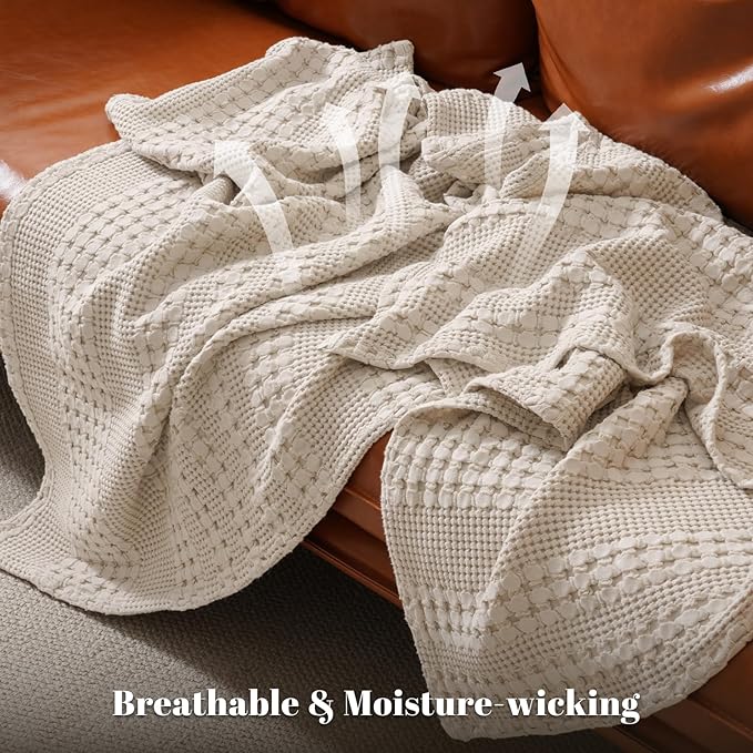PHF 100% Cotton Waffle Throw Blanket for Couch, Lightweight Breathable and Soft for Summer, Luxury Aesthetic Waffle Weave Blanket for Home Decor & Office, Gifts for Women, 50"x60", Light Taupe/Oatmeal