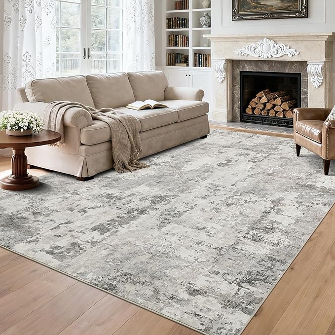 GarveeHome Neutral Area Rug 6x9 Washable Rugs for Living Room Aesthetic, Large Abstract Non-Slip Low-Pile Indoor Grey Beige Printed Accent Carpet for Bedroom Dining Room Office