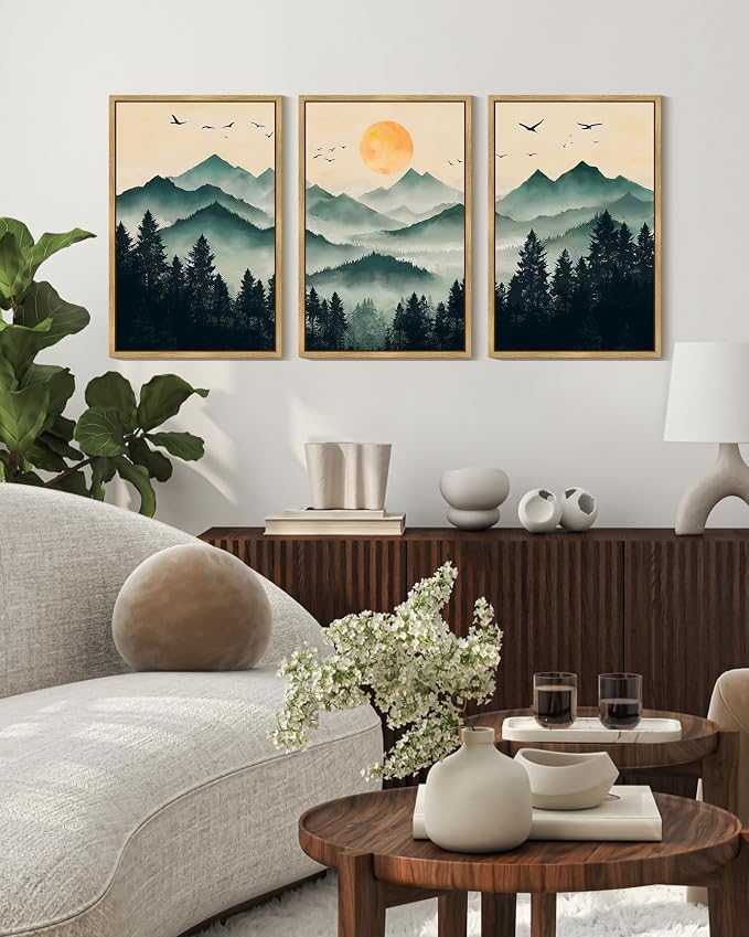 PHOPAGO Mountain Landscape Fog Pine Tree Framed Wall Art Large Large 16x24in Watercolor Nature Misty Forest Artwork Paints Sun Rise Farmhouse Rustic Decor for Bedroom Living Room - Natural Framed