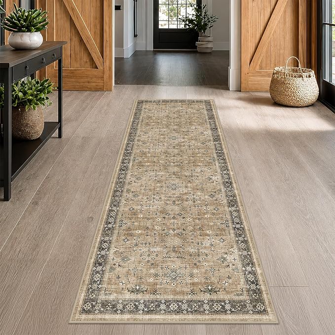 Hazo Haus Natural Taupe Washable 3x12 Extra Long Hallway Runner Rug, Washable Large Kitchen Floor Rug Indoor, Non-Slip Stain & Fade Resistant, Vintage Earthy Tone Decor