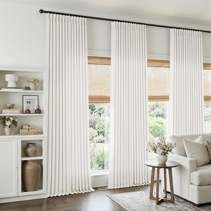 126 Inch Extra Long Ivory Cream Linen Curtains 2 Panels Set, Ivory Beige Memory Trained Pinch Pleated Ceiling Drapes Birch Light Filtering Semi Sheer Decorative Window Curtains with Back Tab