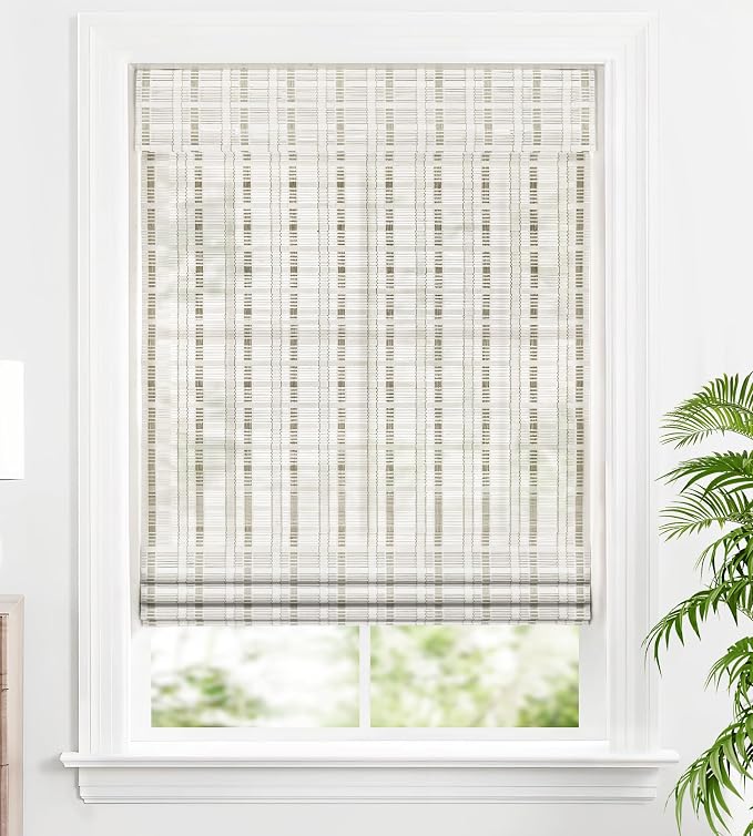 LazBlinds Custom Size Cordless Bamboo Roman Shades, Whitewash B | Natural Light Filtering Bamboo Window Blinds, Bamboo Blinds for Bedroom Living Room Office Indoor