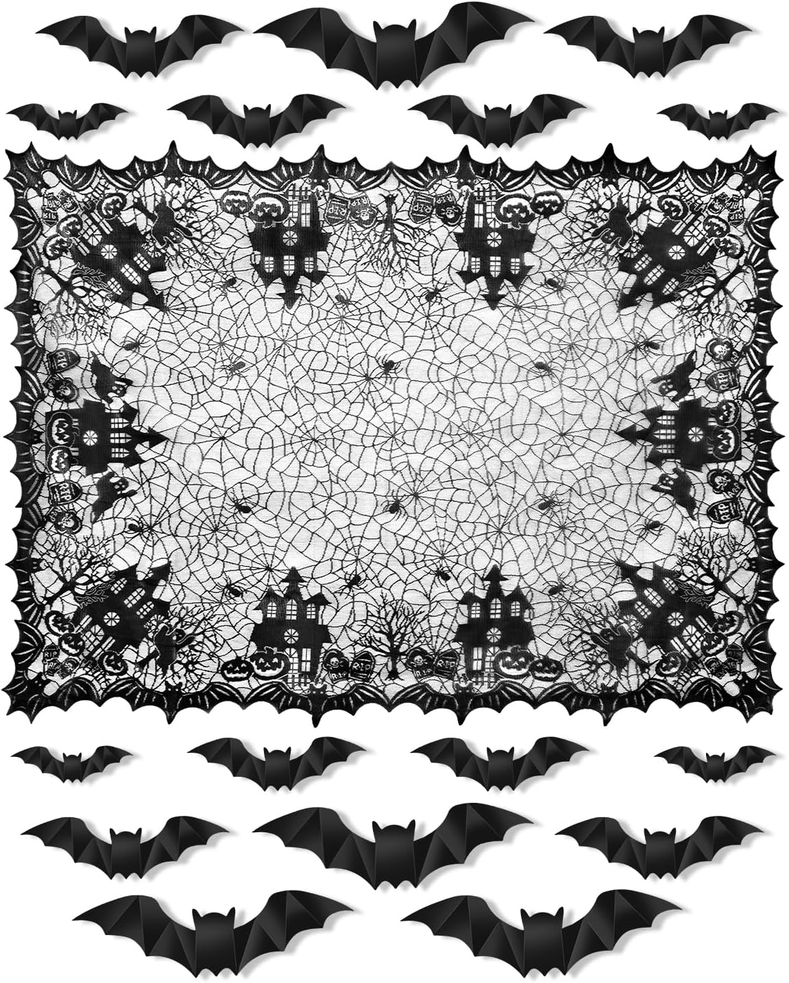 eZAKKA Halloween Table Cloth with 16 Pcs Bats Wall Decor, Spider Web Table Cloth Black Tablecloth Lace Fabric Table Cloths for Rectangle for Parties Gothic Spooky Home Decorations, 53x68 Inch