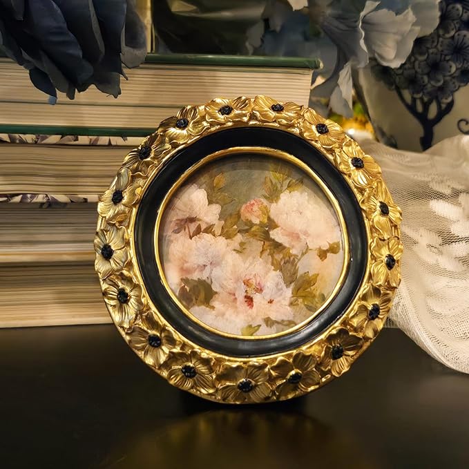 SYLVIA'S SHOP 3x3 Small Vintage Round Picture Frame, Mini Antique Gold Ornate Circle Photo Frame, for Tabletop and Wall Display, Decorative Floral Design Retro Home Decor, Photo Gallery Art
