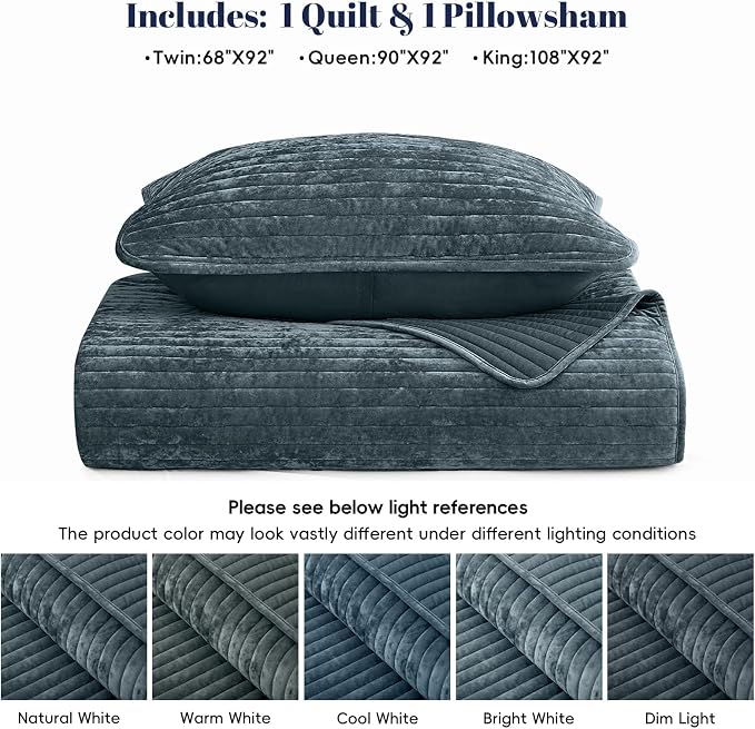 PHF Luxury Velvet Quilt Set Twin Size – 2PCS Ultra Soft Quilted Comforter Alternative with Striped Channel, Cozy Quilted Bedspread, 1 Coverlet with 1 Matching Sham, 68" x 92", Stormy Blue