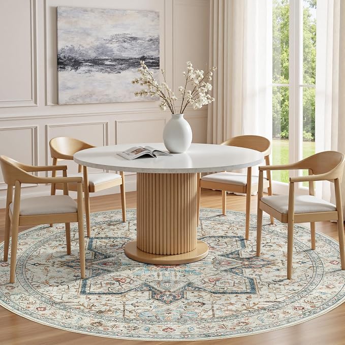 Tortania 5' Round Area Rug Living Room Rugs - Washable Boho Rug Vintage Oriental Distressed Farmhouse Large Thin Indoor Carpet for Bedroom Under Dining Table Home Office - Aqua Multi
