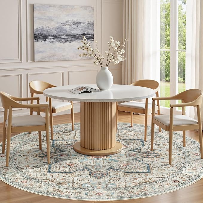 Tortania 8' Round Area Rug Living Room Rugs - Washable Boho Rug Vintage Oriental Distressed Farmhouse Large Thin Indoor Carpet for Bedroom Under Dining Table Home Office - Aqua Multi