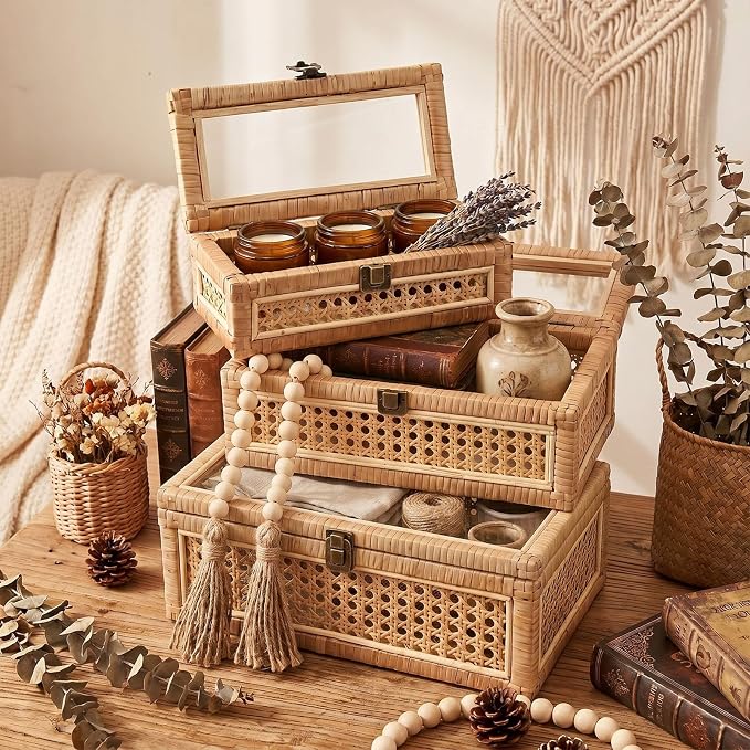 Yalikop 3 Pcs Large Rattan Display Box with Glass Lid Set, Handwoven Boho Rectangular Storage Box, Memory Wicker Jewelry Boxes, Natural Decorative Bin, Multipurpose Shelf Baskets for Home Organization
