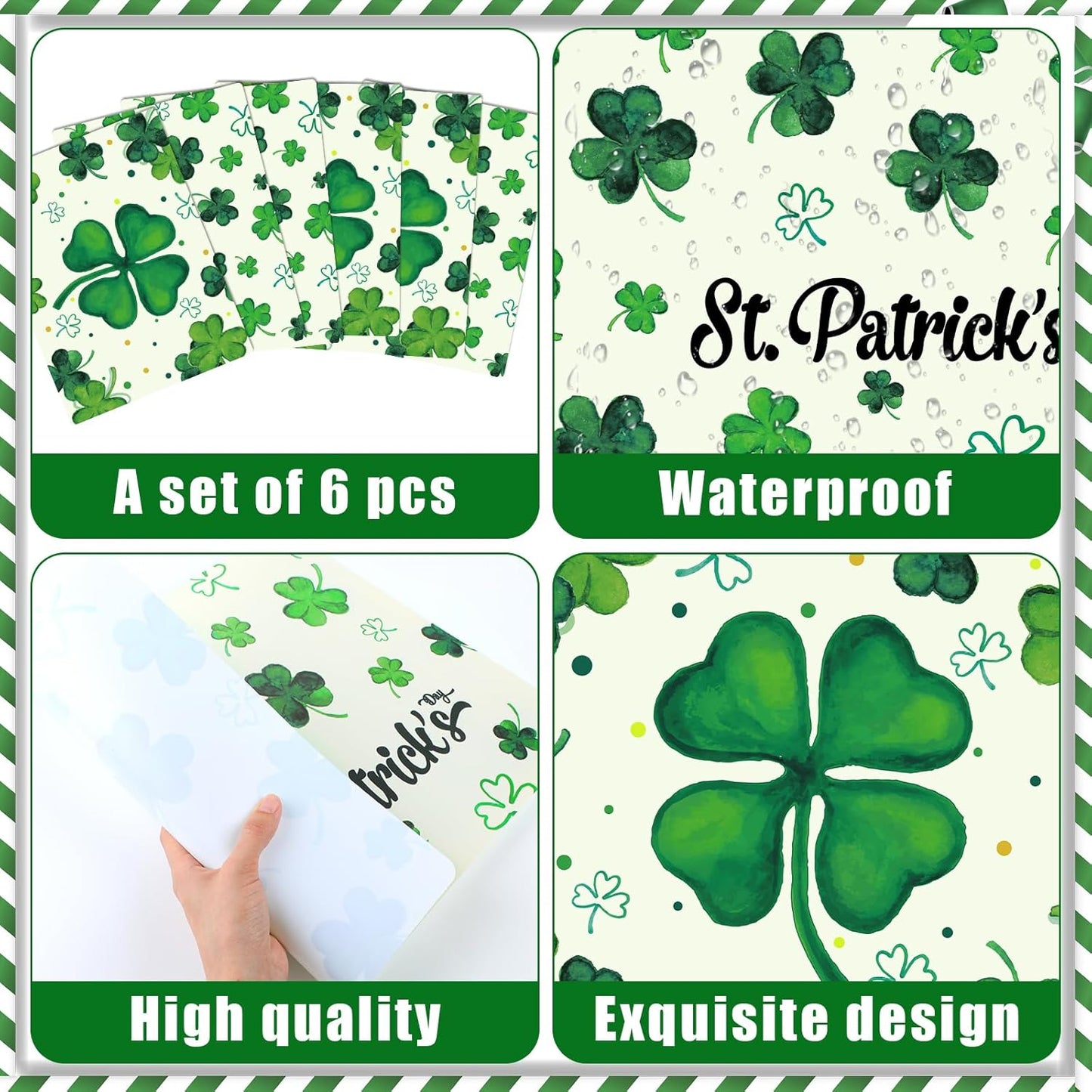 St. Patrick's Day Placemats Set of 6 Reusable Lucky Shamrock Plastic Table Mats Easy Clean Clover Place Mats Wipeable Spring Irish Table Decoration for Indoor Outdoor Party Kitchen Dining