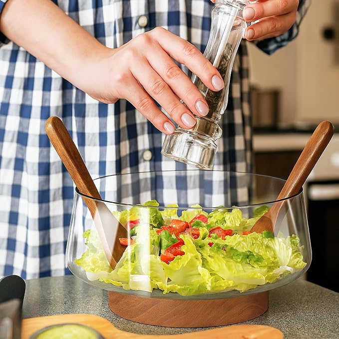 PROLEE Extra Large Glass Salad Bowl Set, Clear Salad Bowl with Solid Wood Base Servers, Elegance Salad Serving Bowls for Kitchen Utensils and Party