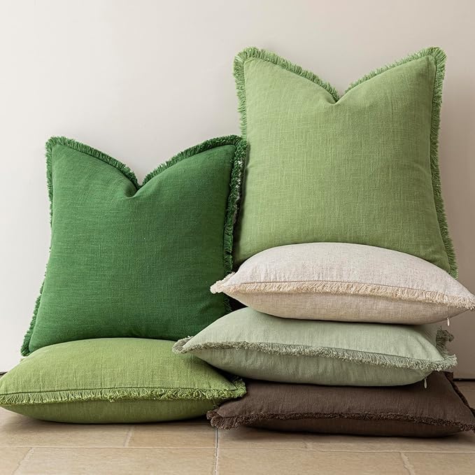 Foindtower Set of 2 Decorative Linen Fringe Throw Pillow Covers Cozy Boho Farmhouse Cushion Cover with Tassels Soft Accent Pillowcase for Couch Sofa Bed Living Room Home Decor,18×18 Inch,Lime Green