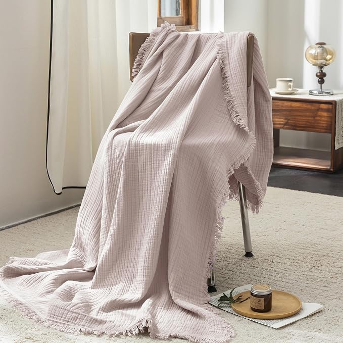 FOSSA Muslin Blanket 4-Layer 100% Cotton Gauze Blanket with Fringe 66"x90" | Super Soft Breathable Lightweight All Season & Decorative Blanket or Bed, Sofa, Office (Greyish Pink,Twin XL)
