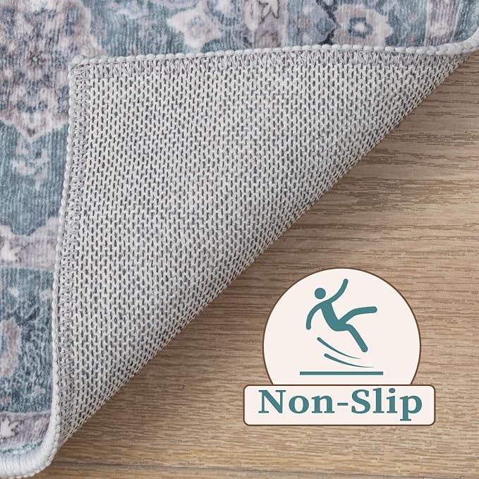 SERISSA Boho Area Rug 5x7 Blue Grey, Washable Large Rugs for Living Room, Ultra Soft Non-Slip Bedroom Rug Print Distressed Vintage Floral Carpet Rug for Dining Room Dorm Office Home Decor