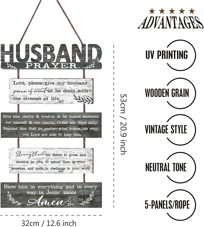 Yudarte Prayer for Husband Rustic Wall Sign with 5pcs Panels Strung Together - Christian Religious Inspiring Farmhouse Home Decor - Sweet Warming Gifts for Men,Him,Guy