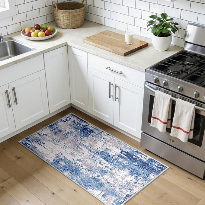 RELEANY Washable Area Rugs 2'x4' Non-Slip Modern Abstract Soft for Living Room Entryway Bedroom Nursery, Print Pattern, Blue Grey Navy Gray